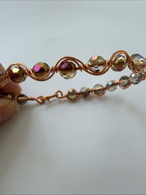 Artisan Handcrafted Copper Wire Bracelet with Purple Plum Iridescent Glass Beads